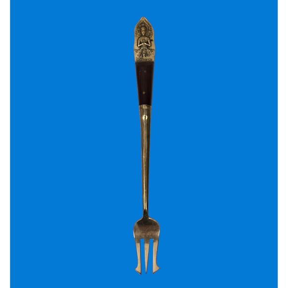 Vintage Olive Fork Buddha Bronze Brass Rosewood Siam Thailand 3 Tine 7.75” - Picture 1 of 7